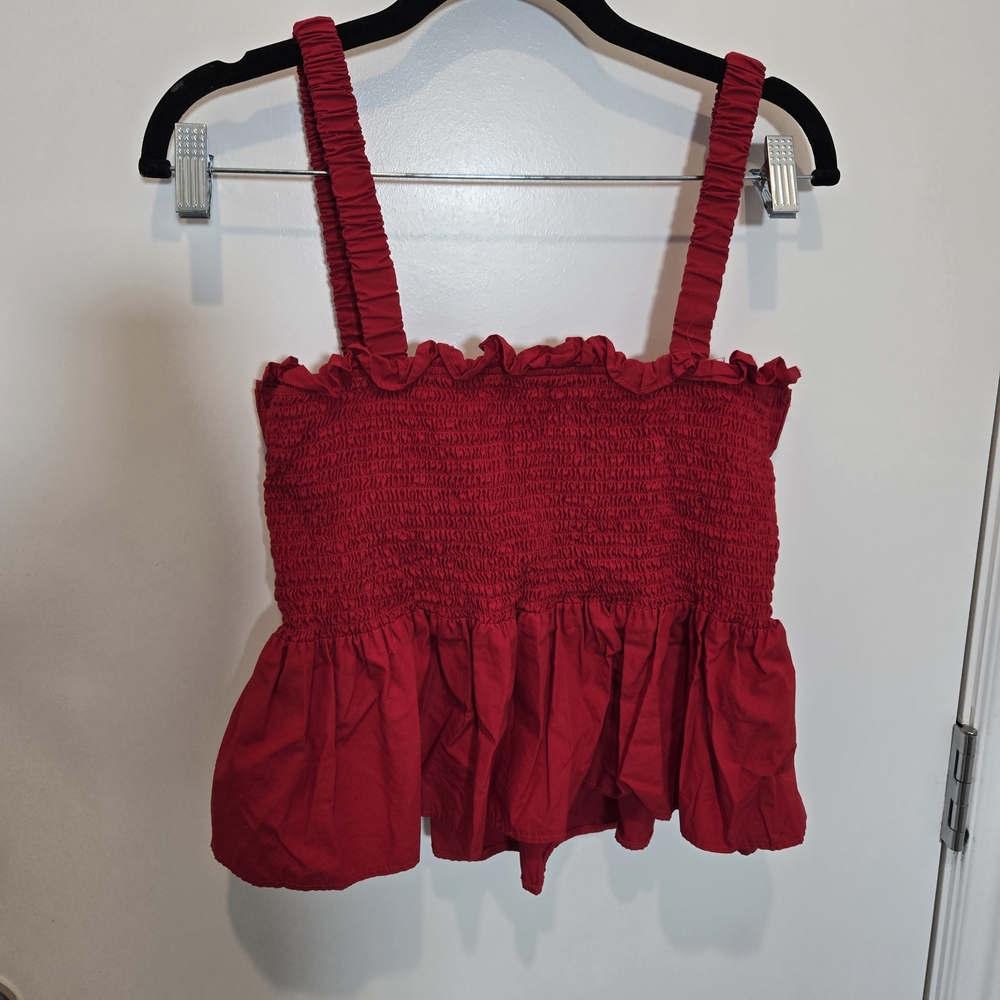 Topshop Red Ruffled Smocked Cotton Poplin Top With Open Back